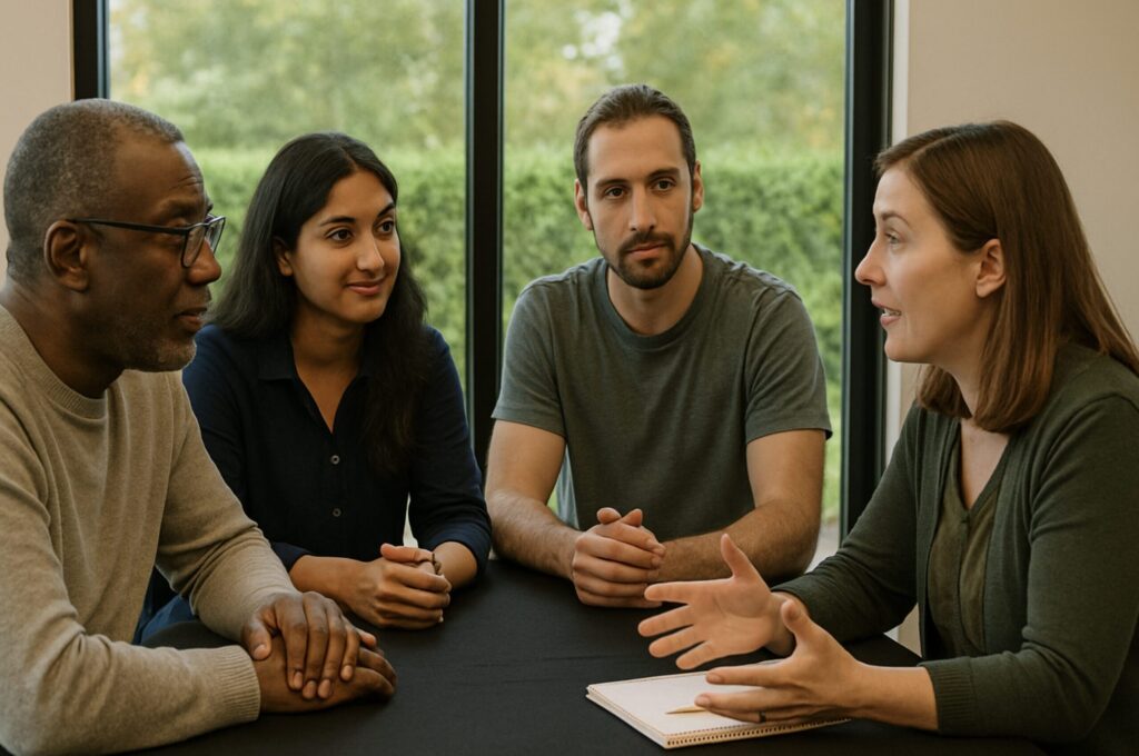 Four people sit around a black table in a sunlit room, engaged in relaxed and thoughtful conversation. The diverse group, casually dressed, leans in and listens attentively, capturing the informal and practical tone of a Talk Business networking session.
